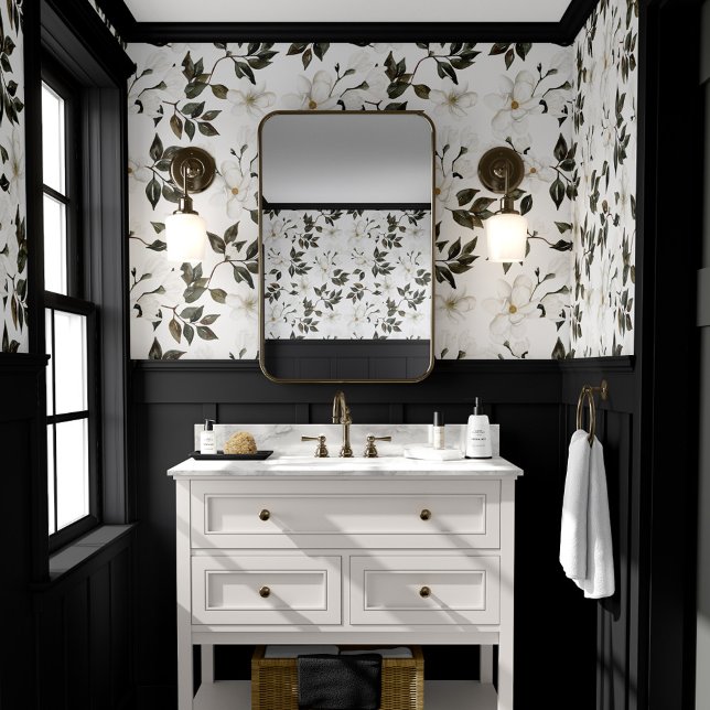 Witte Magnolia Bloemen Waterverf Botanische Patroo Behang (White Magnolia Floral Watercolor Botanical Pattern Wallpaper (Bathroom))