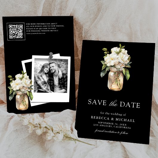 Witte Magnolia Bloemen Zwart QR Code Trouwfoto Save The Date