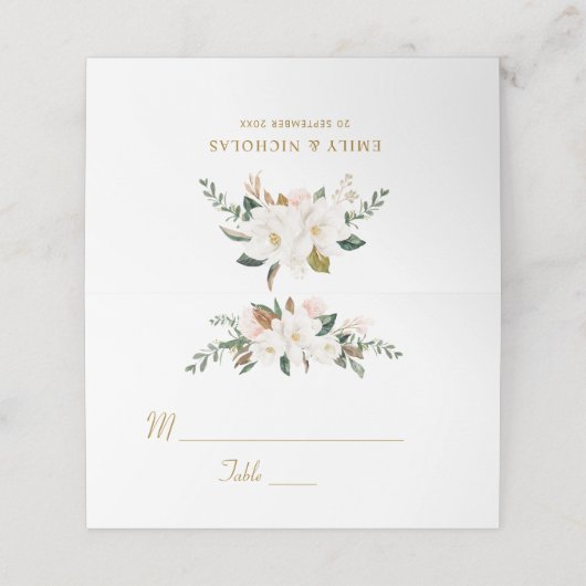 Witte magnolia bloemenbruiloft plaatskaartje (Buitenkant ongevouwen)