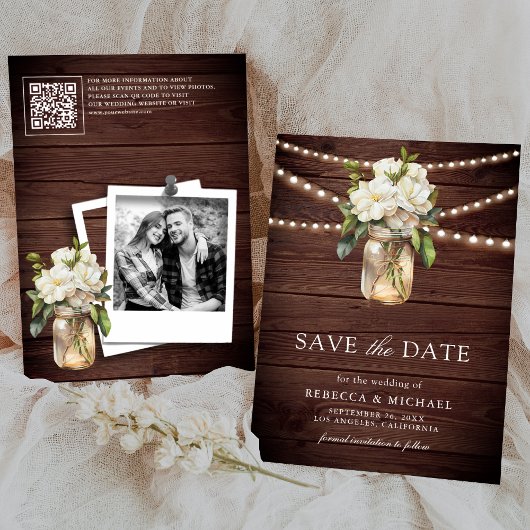 Witte Magnolia Bloemige Houten QR-code Trouwfoto Save The Date