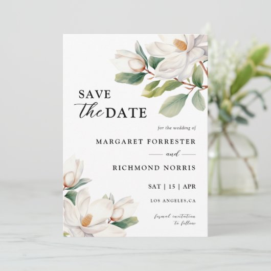 Witte Magnolia Bloemige Trouw Save The Date  Kaart (Staand voorkant)