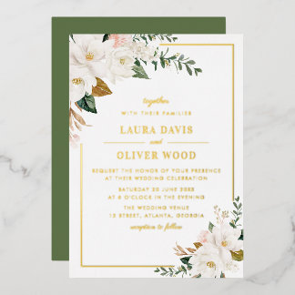 Witte magnolia bloemige trouwuitnodiging goud folie uitnodiging