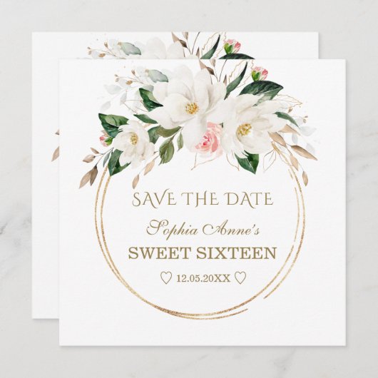 Witte Magnolia Bloesem Bloemen Gouden Sweet Sixtee Save The Date (Voorkant / Achterkant)