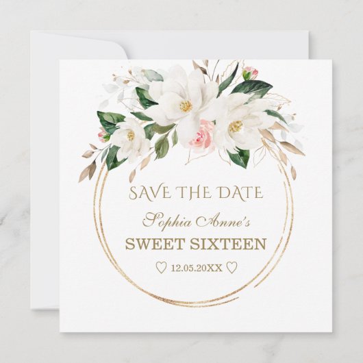 Witte Magnolia Bloesem Bloemen Gouden Sweet Sixtee Save The Date (Achterkant)