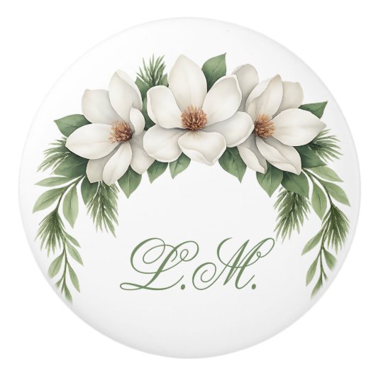 Witte Magnolia Bloesem Bloesem Groen Monogram Keramische Knop (Voorkant)