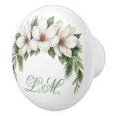 Witte Magnolia Bloesem Bloesem Groen Monogram Keramische Knop (Rechts)