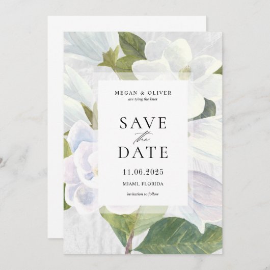Witte Magnolia Blooms Wedding Save the Date Kaart (Voorkant / Achterkant)