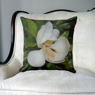 Witte Magnolia Blossom Bloemen Groen en Wit Kussen