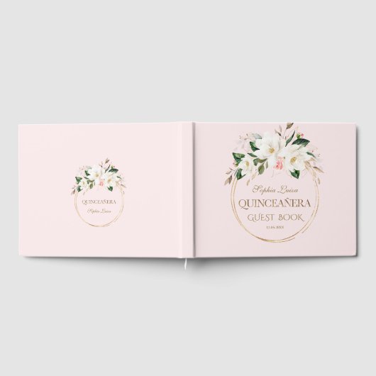 Witte Magnolia Blush Bloemengoud Quinceañera  Gastenboek (Volledig)