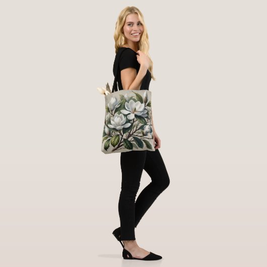  Witte Magnolia Botanisch Tote Bag (Op model)