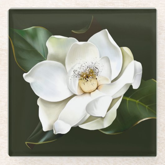 Witte Magnolia Close-up Groene achtergrond Glazen Onderzetter (Voorkant)