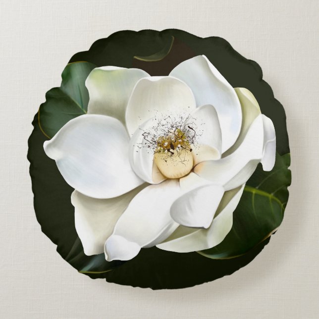 Witte Magnolia Close-up Groene achtergrond Rond Kussen (Voorkant)