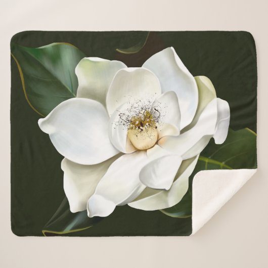 Witte Magnolia Close-up Groene achtergrond Sherpa Deken (Voorkant (horizontaal))