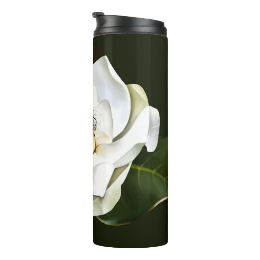 Witte Magnolia Close-up Groene achtergrond Thermosbeker (Geroteerd rechts)