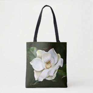Witte Magnolia Close-up Groene achtergrond Tote Bag
