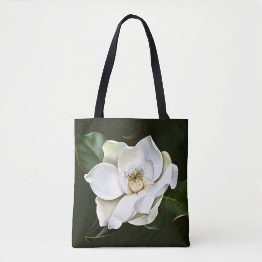 Witte Magnolia Close-up Groene achtergrond Tote Bag (Voorkant)