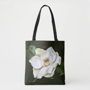 Witte Magnolia Close-up Groene achtergrond Tote Bag