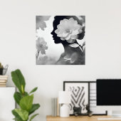 Witte Magnolia Dromerig Meisje Modern Zwart & Wit Poster (Thuiskantoor)
