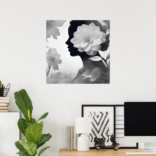 Witte Magnolia Dromerig Meisje Modern Zwart & Wit Poster (Thuiskantoor)