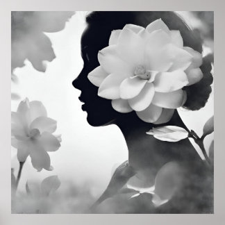 Witte Magnolia Droomachtig Meisje Modern Zwart & W Poster