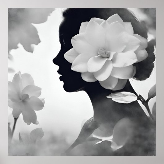 Witte Magnolia Droomachtig Meisje Modern Zwart & W Poster (Voorkant)