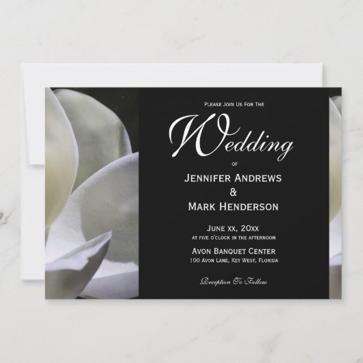 Witte Magnolia Elegant Zwart & Wit Bruiloft Kaart (Voorkant)