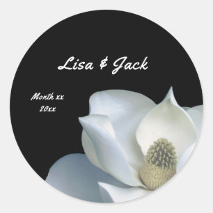 Witte Magnolia Elegant Zwart-wit Bruiloft Ronde Sticker