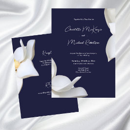 Witte Magnolia Elegante Bloemen op Navy Wedding Kaart