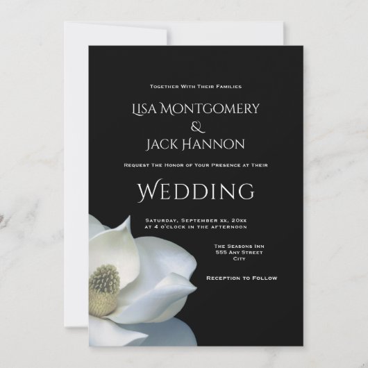 Witte Magnolia Elegante Bloemen op Zwarte Trouwjur Kaart (Voorkant)