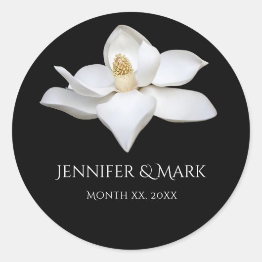 Witte Magnolia Elegante Huwelijk Zwart-wit Ronde Sticker (Voorkant)