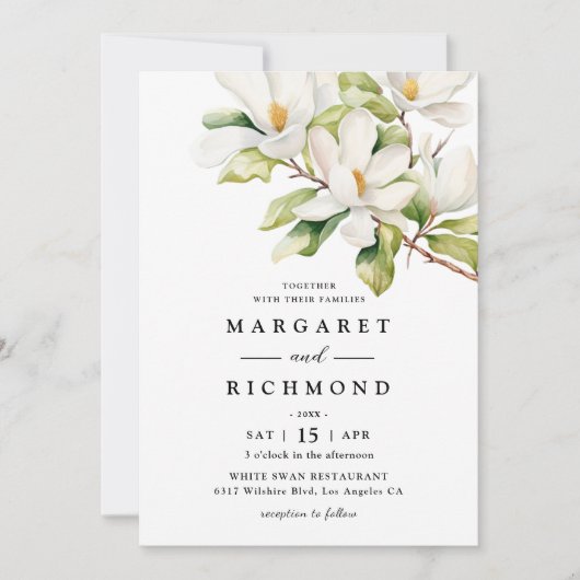 Witte Magnolia Elegante Waterverf Bloemenbruiloft Kaart (Voorkant)
