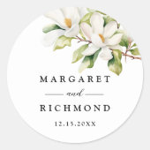 Witte Magnolia Elegante Waterverf Bloemenbruiloft Ronde Sticker (Voorkant)