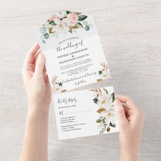 Witte Magnolia en Blush Roze Gouden Bloemen Huweli All In One Uitnodiging (Afscheurbaar)