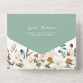 Witte Magnolia en Blush Roze Gouden Bloemen Huweli All In One Uitnodiging (Achterkant)