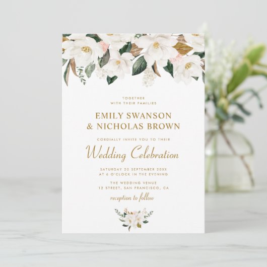 witte magnolia en roze bruinbruinbruiloft kaart (Staand voorkant)