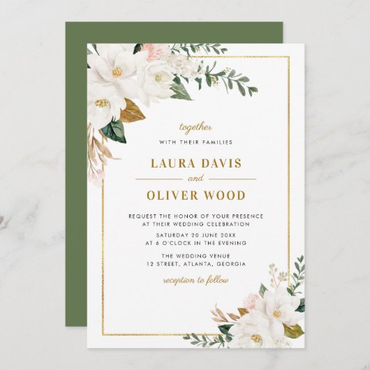 Witte magnolia floral bruiloft uitnodiging (Voorkant / Achterkant)