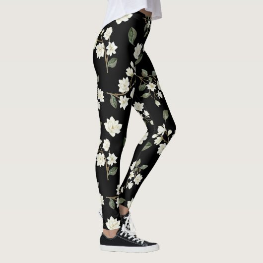 Witte Magnolia Flowers op zwarte Leggings (Rechts)
