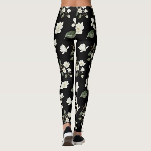 Witte Magnolia Flowers op zwarte Leggings (Achterkant)