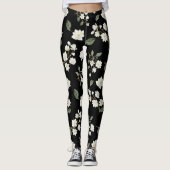 Witte Magnolia Flowers op zwarte Leggings (Voorkant)