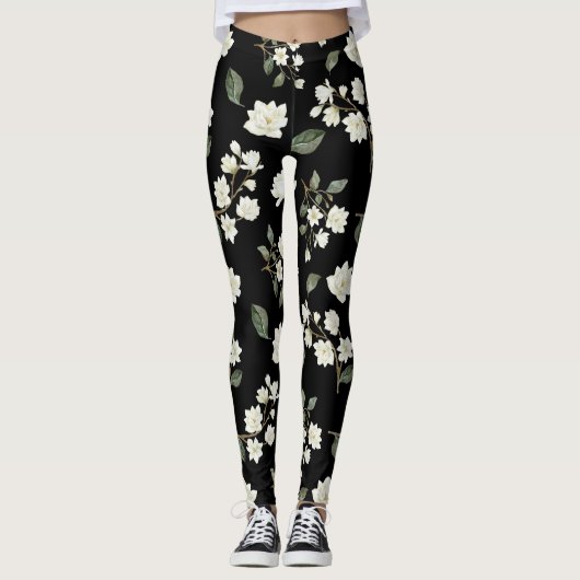 Witte Magnolia Flowers op zwarte Leggings (Voorkant)