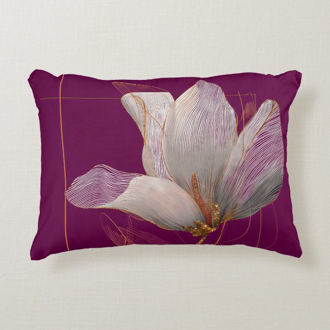 Witte Magnolia Goud Lijn Magenta Accent Kussen (Voorkant)