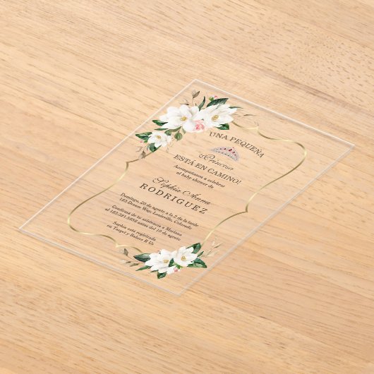 Witte Magnolia Goud Spaans Baby shower Acryl Uitnodigingen (Laagn)