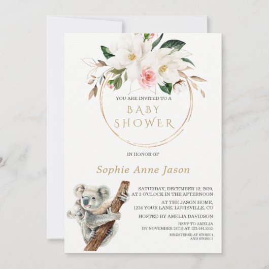 Witte Magnolia Gouden Cute Koala Baby Shower Kaart (Voorkant)