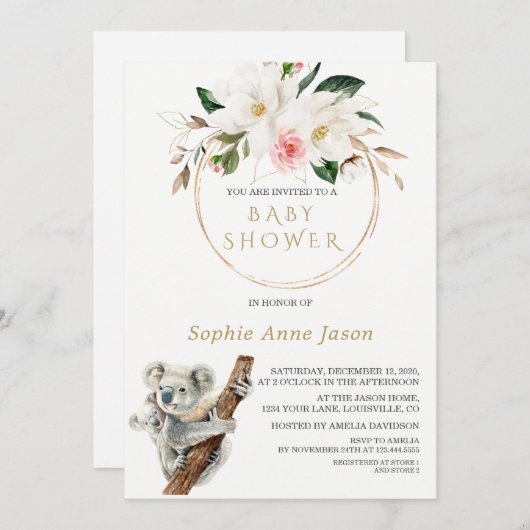 Witte Magnolia Gouden Cute Koala Baby Shower Kaart (Voorkant / Achterkant)