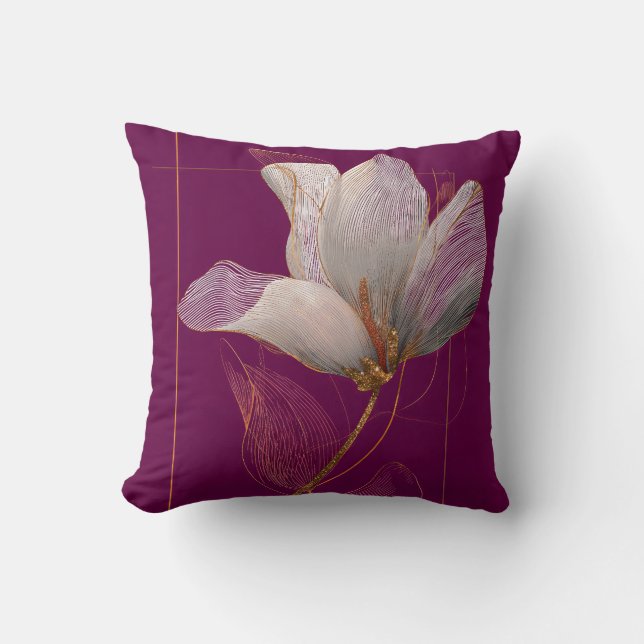 Witte Magnolia Gouden Lijn Magenta Kussen (Voorkant)