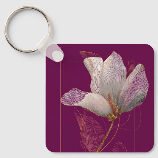Witte Magnolia Gouden Lijn Magenta Sleutelhanger (Voorkant)