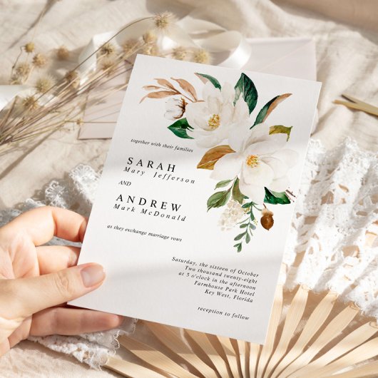 Witte Magnolia & Groene bladeren Moderne bruiloft Kaart