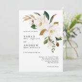 Witte Magnolia & Groene bladeren Moderne bruiloft Kaart (Staand voorkant)