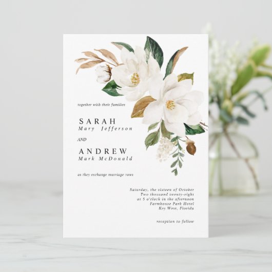 Witte Magnolia & Groene bladeren Moderne bruiloft Kaart (Staand voorkant)