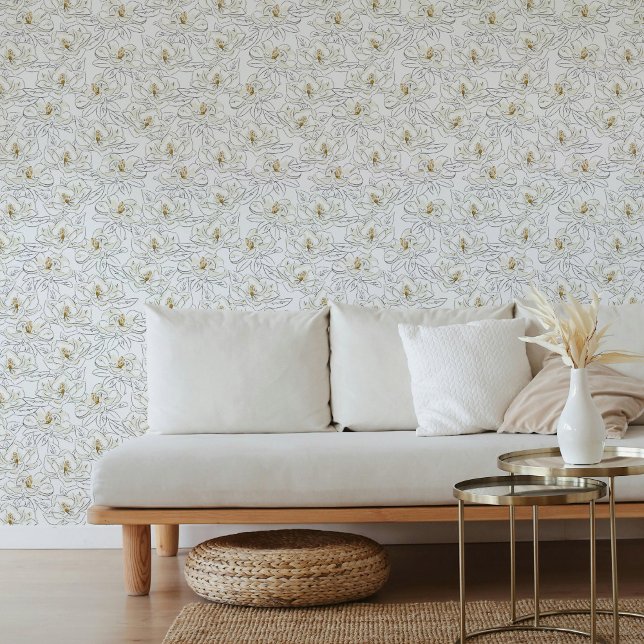 Witte Magnolia Handgetekende Zuidelijke Bloemen Behang (White Magnolia Hand-Drawn Southern Floral Wallpaper)